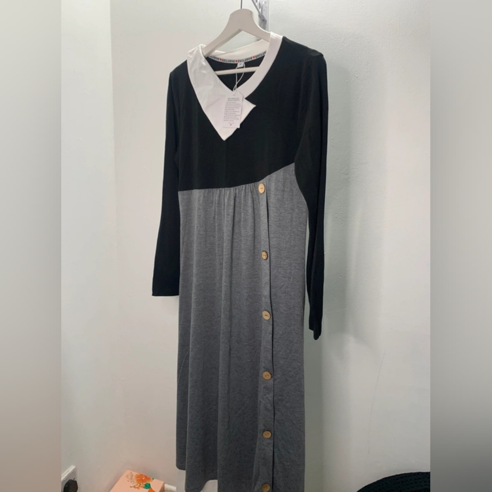 Black and Gray Long Sleeve Dress with Button Detail